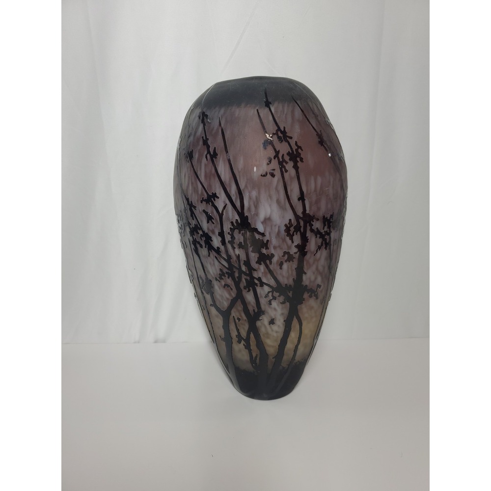 Vase Acid Etched Cut 12" Tall Trees Cameo Glass Amethyst Beige Art Nouveau Style